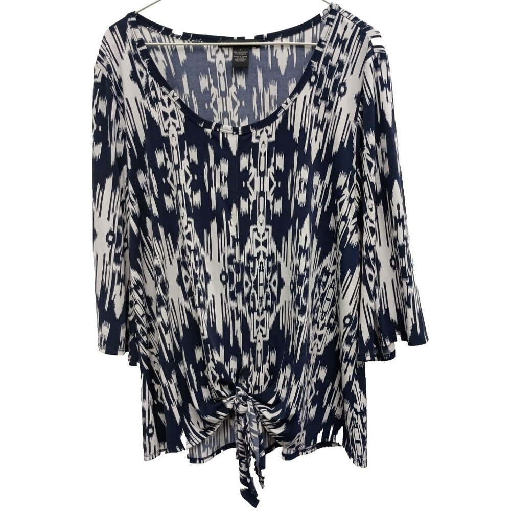 Grace Elements Womens Top Large Navy Abstract BOHO Artsy Tie Hem Flare Sleeve